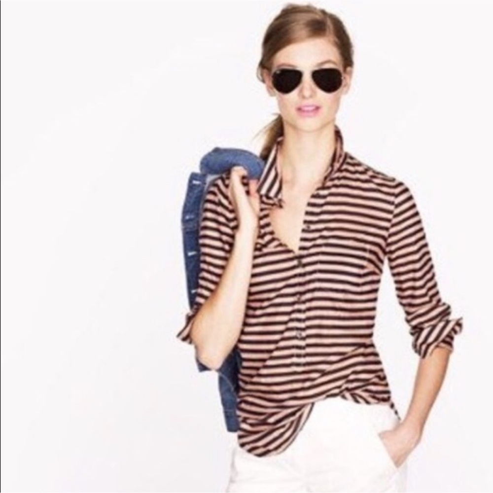 J CREW Black & Tan Striped Popover Henley Top - 41253 - Sz XS